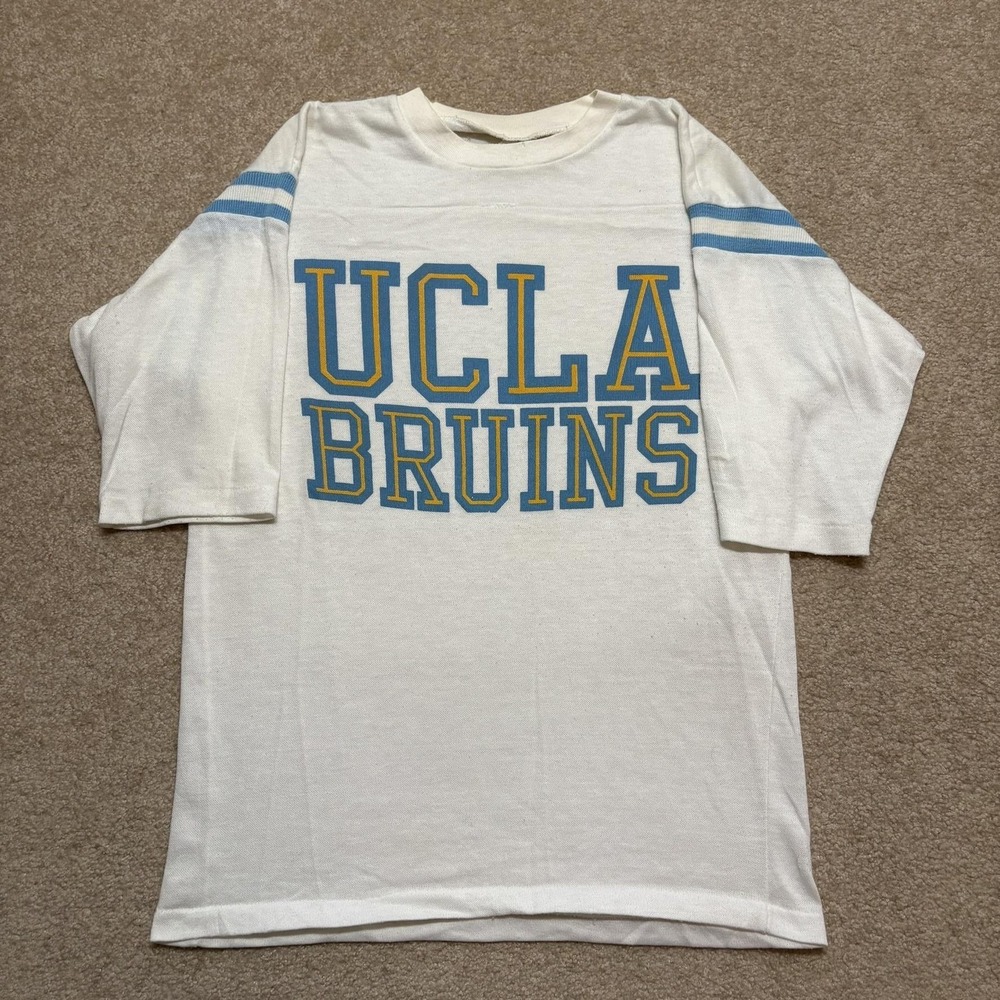 Vtg 70s UCLA Bruins Shirt Mens Small White Jersey Tee Stripes 1970s Artex USA